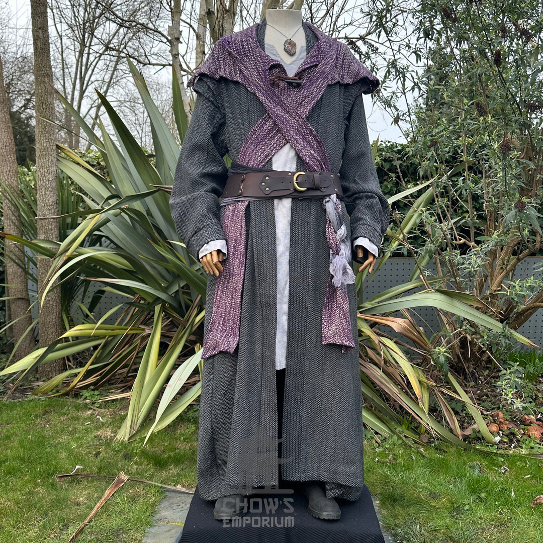 Purple wool scarf hood for LARP, draped over grey medieval cloak.