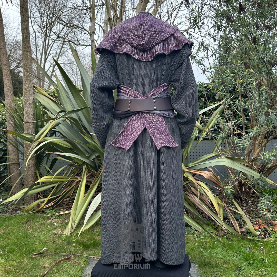 Purple wool scarf hood, back view, perfect for medieval LARP settings.
