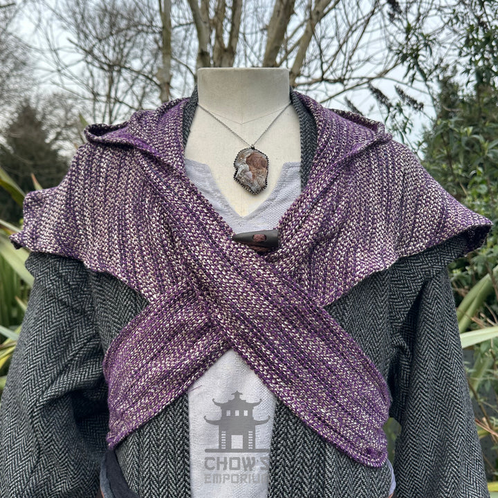 Purple wool scarf hood draped on mannequin, suitable for LARP or medieval wear.