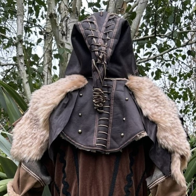 Brown medieval LARP hood, back view, lace-up detail, faux fur trim.