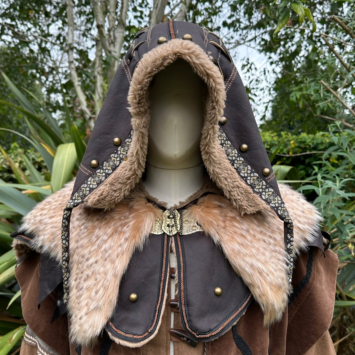 LARP medieval hood front view, patterned trim, and brass accents in faux leather.