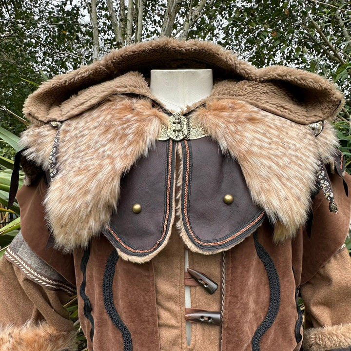 Ornate LARP Hood - Brown Faux Leather and Faux Fur with Fleece Lining - Chows Emporium Ltd