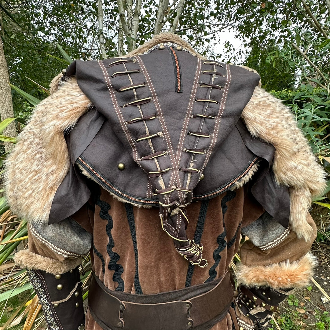Dwarf Lord LARP Outfit - 4 Pieces; Brown Waistcoat, Fur Onate Hood, Vambraces, Sash - Chows Emporium Ltd