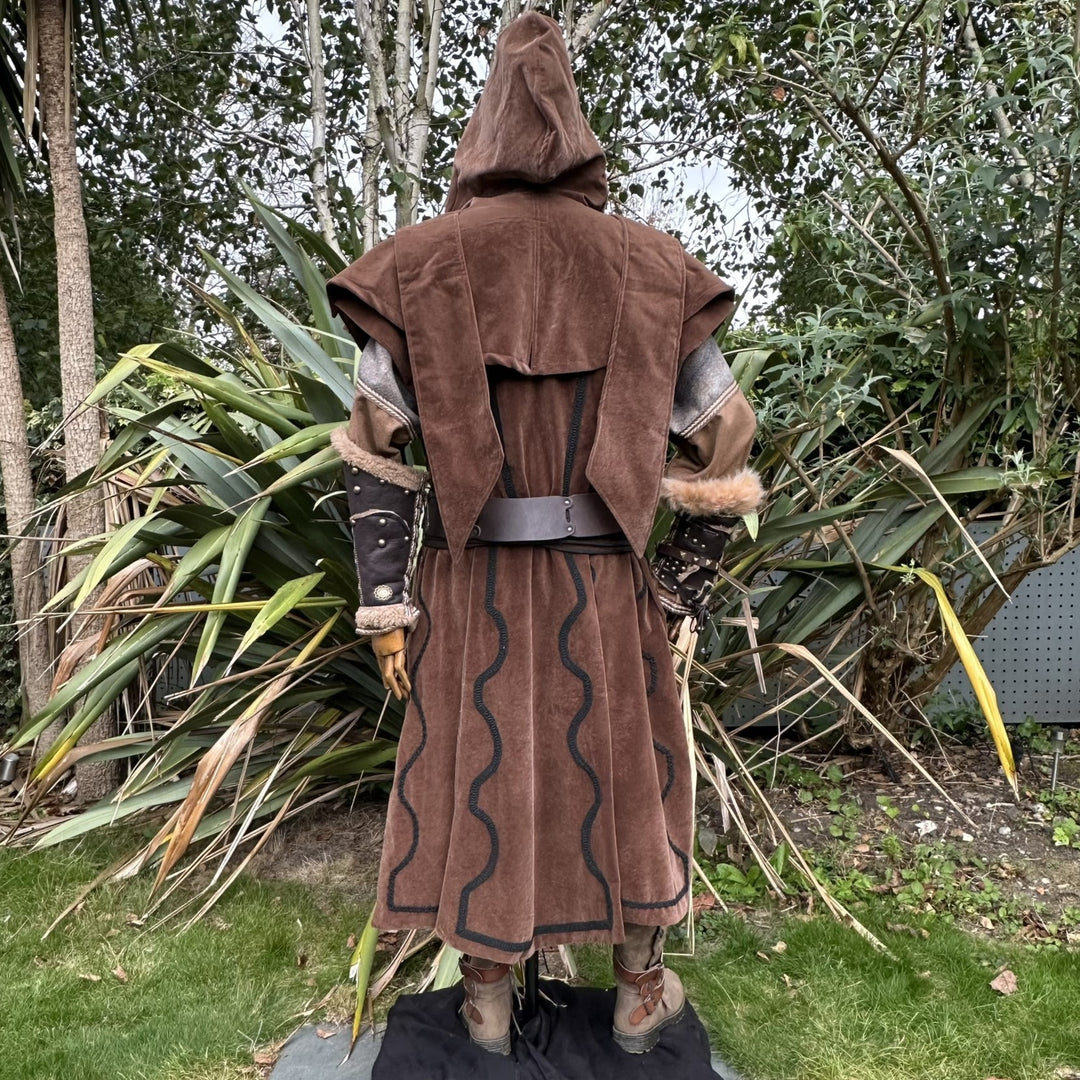 Woodland Sorcerer LARP Outfit B, 4 Pieces, Brown Panel Waistcoat, Suede Effect Hood, Ornate Vambraces, Sash for Ren Faire, Cosplay, Medieval - Chows Emporium Ltd