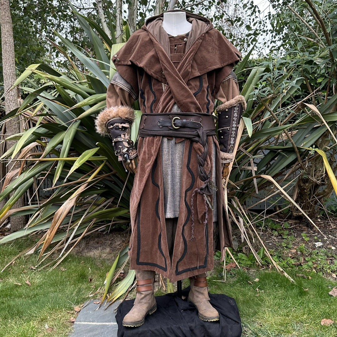 Woodland Sorcerer LARP Outfit B, 4 Pieces, Brown Panel Waistcoat, Suede Effect Hood, Ornate Vambraces, Sash for Ren Faire, Cosplay, Medieval - Chows Emporium Ltd
