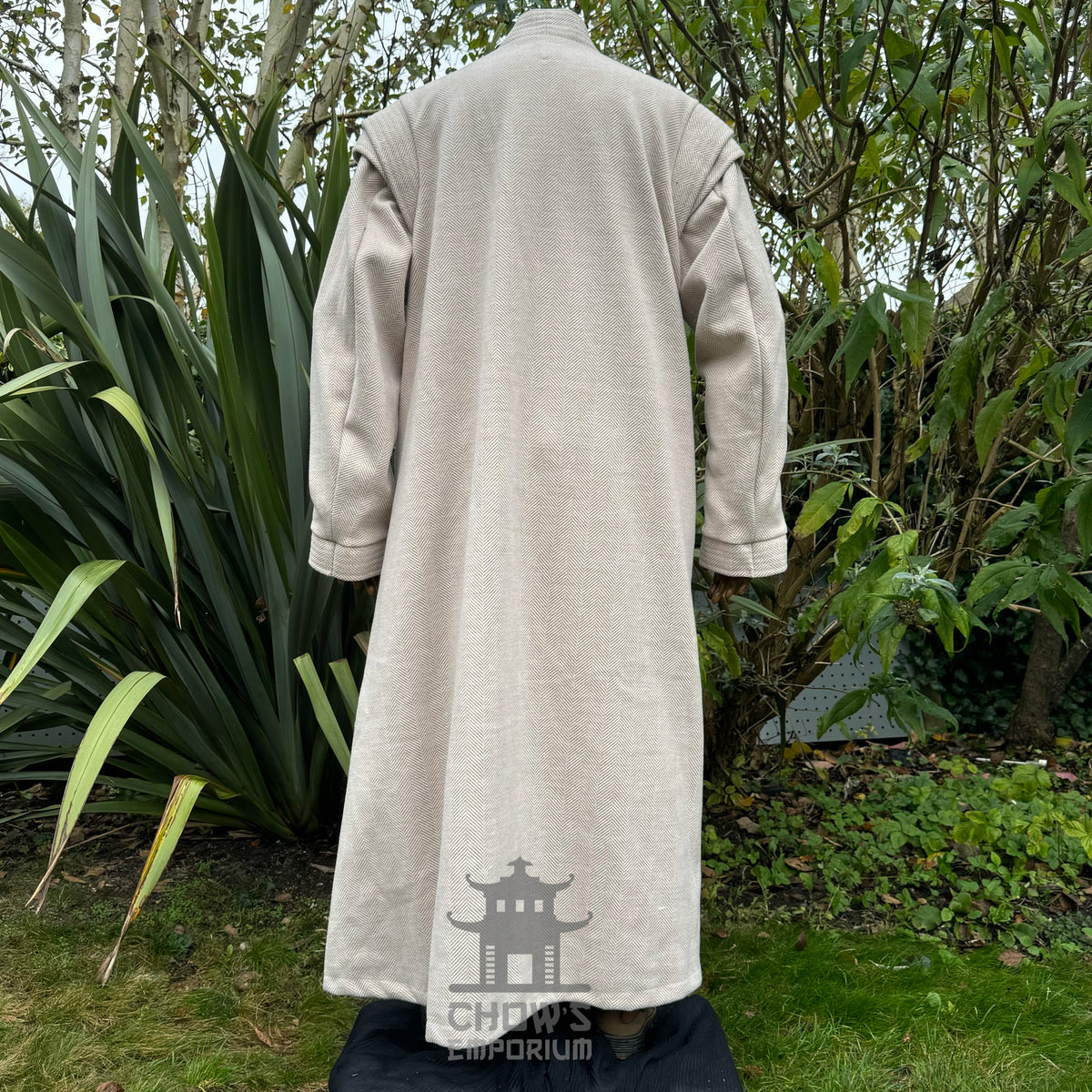 Full-length medieval robe in beige and brown, fantasy LARP costume with layered detailing for.