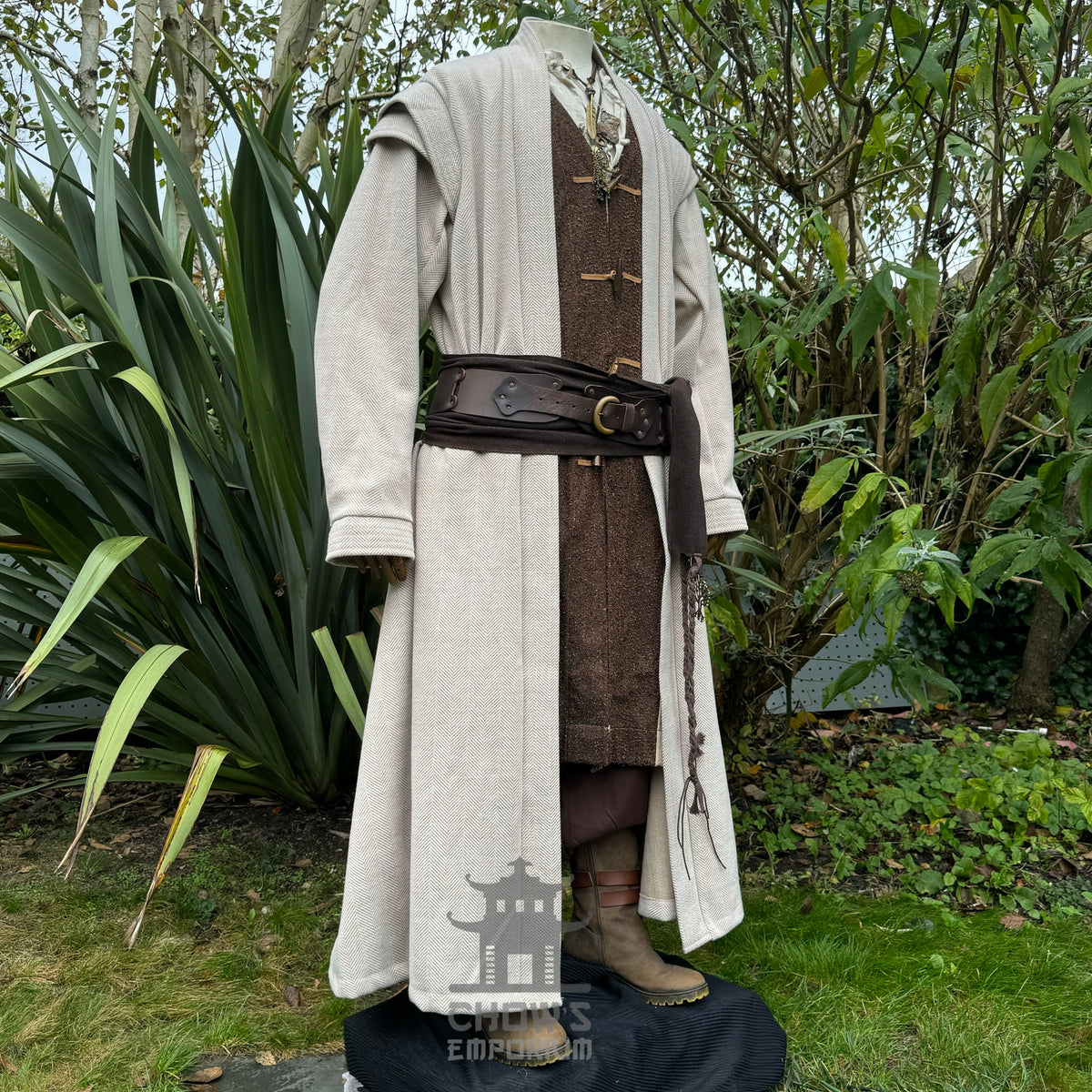Beige and brown noble LARP robe, full-length medieval fantasy cosplay costume for Renaissance.