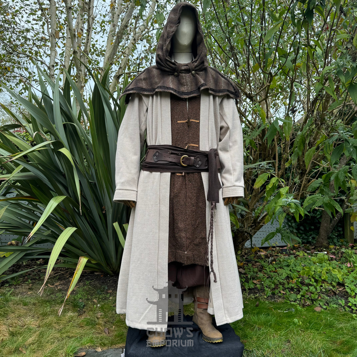 Hooded medieval LARP robe in beige and brown, fantasy cosplay outfit suitable for.