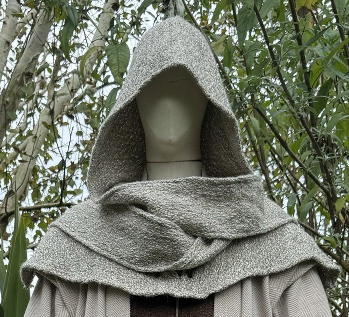 Oatmeal wool scarf hood for LARP, front view, medieval style.