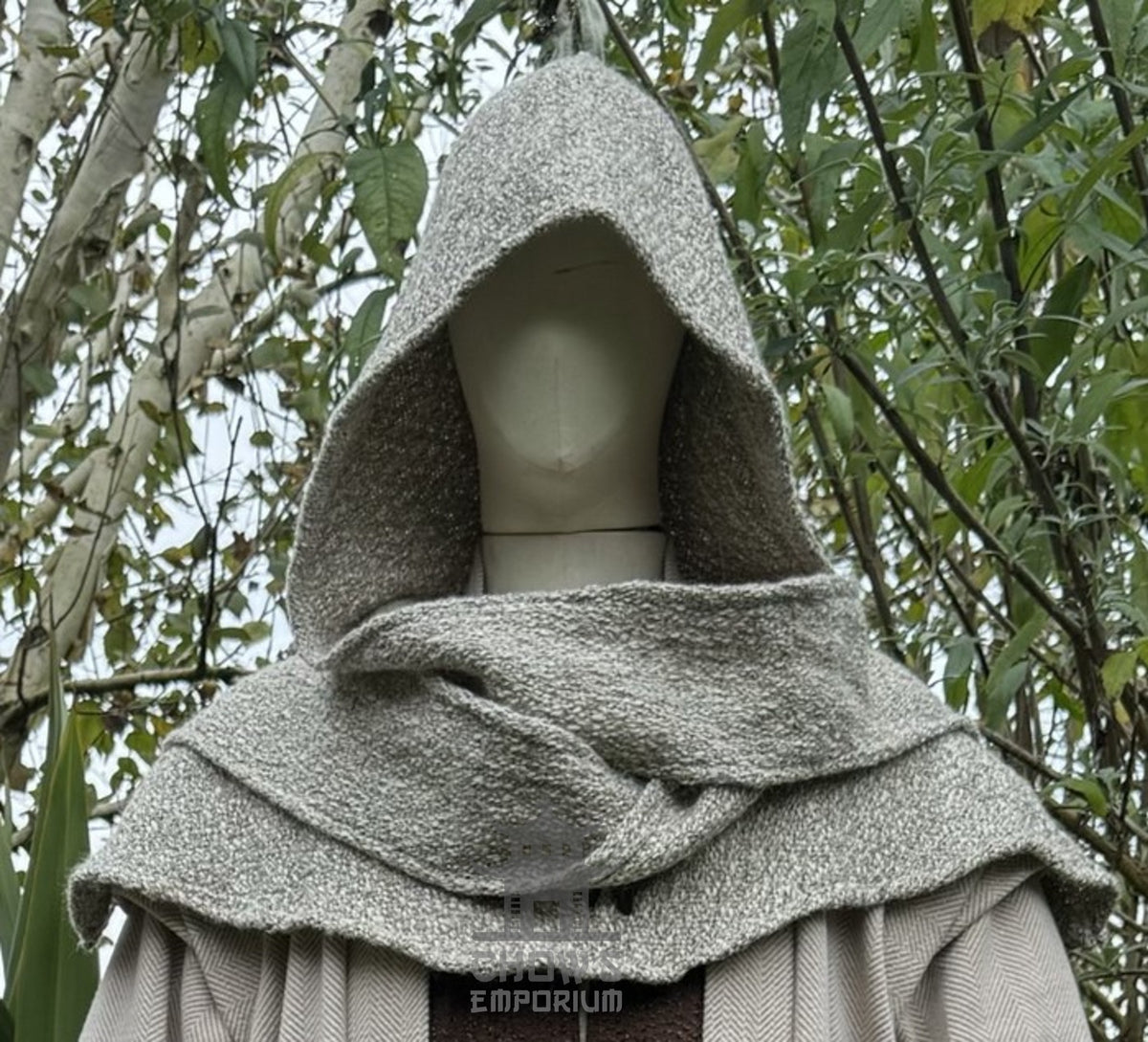 Medieval LARP textured grey hood draped over mannequin.