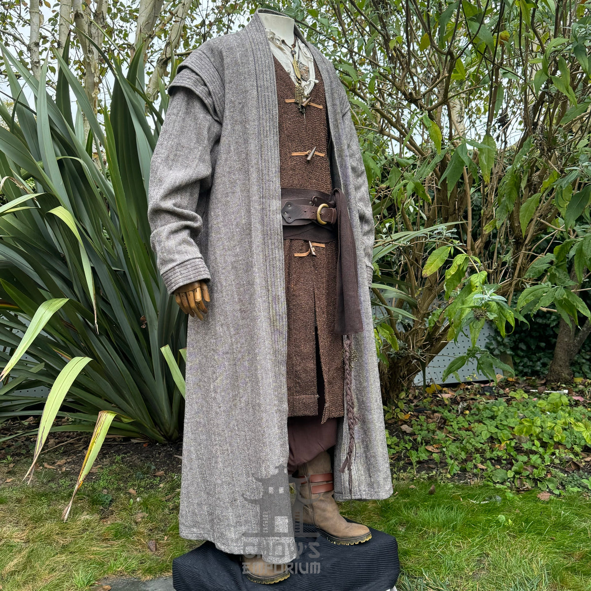 Medieval LARP robe in brown with detailed belt and layered.