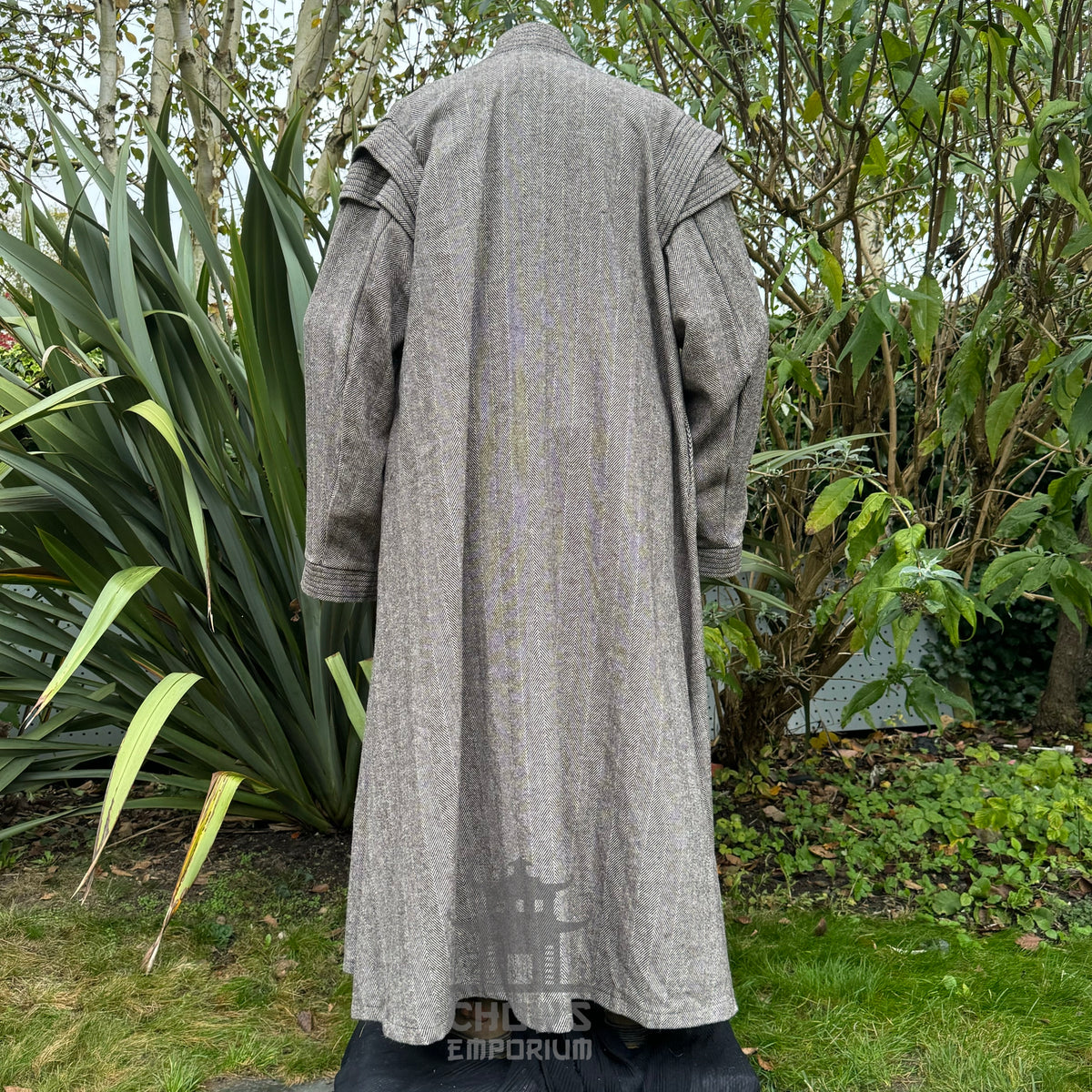 Back view of medieval brown LARP robe with belt under outer layer, fantasy cosplay costume for.