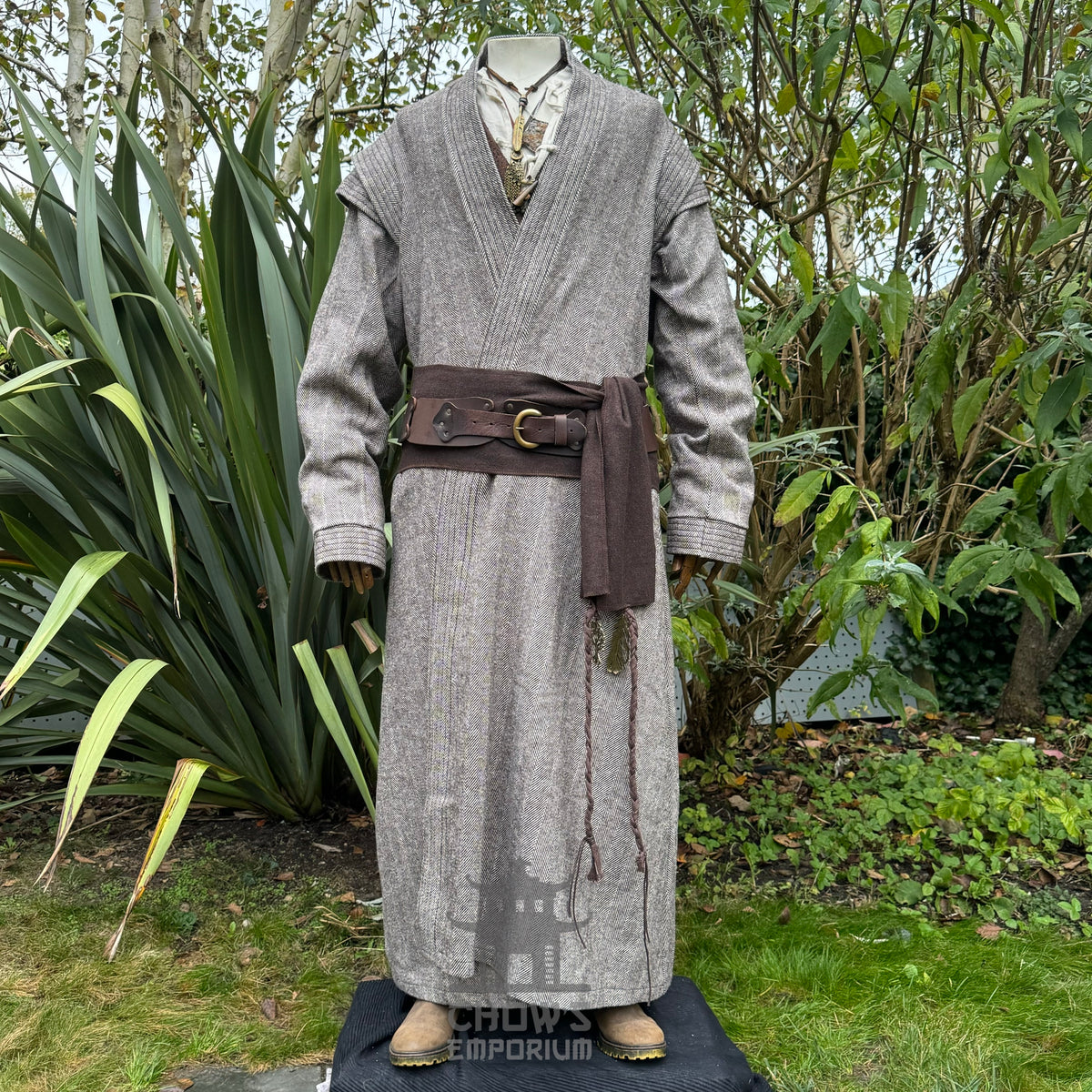 Front view of LARP robe with layered textures and tied belt.