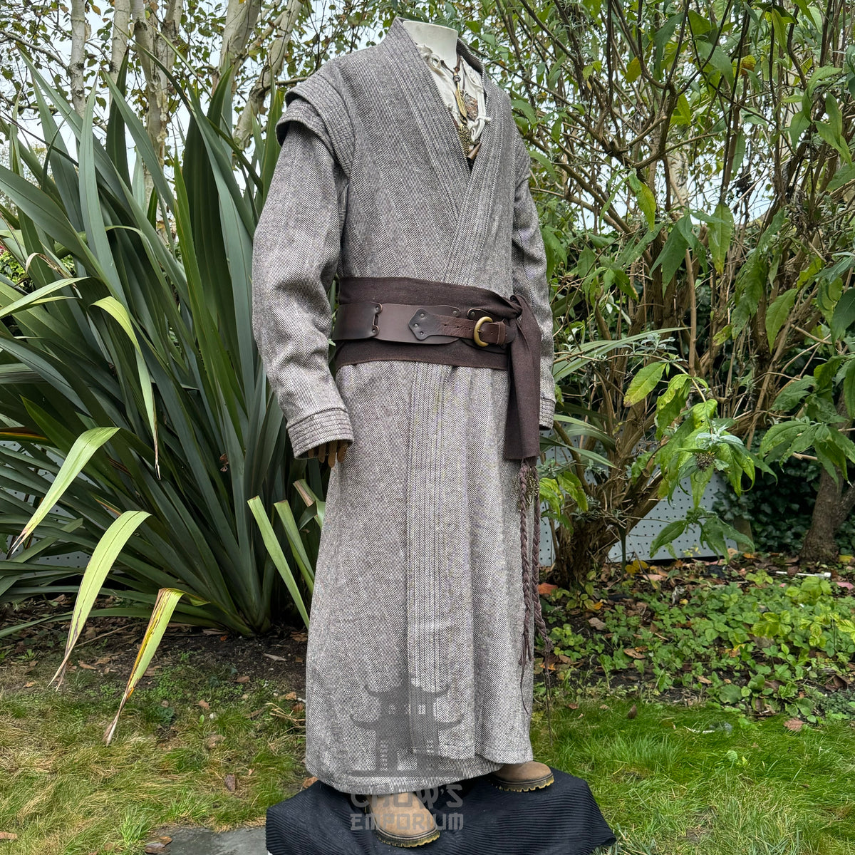 Side view of brown LARP robe with layered detailing, medieval fantasy cosplay attire for.