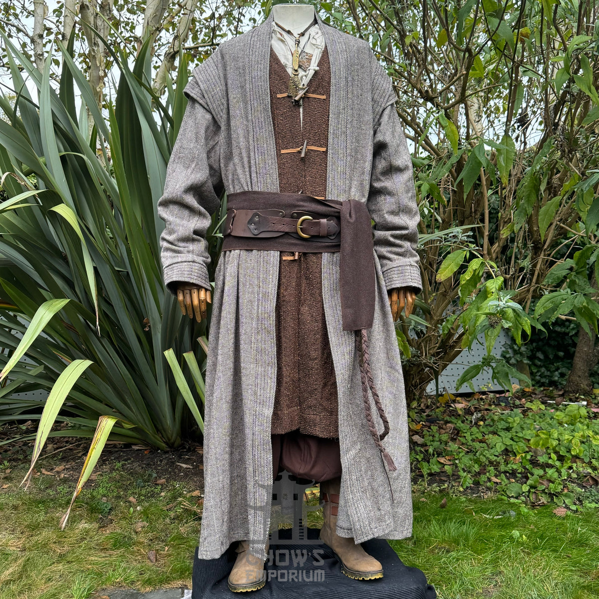 Front view of brown herringbone LARP robe worn open, medieval fantasy cosplay costume for.