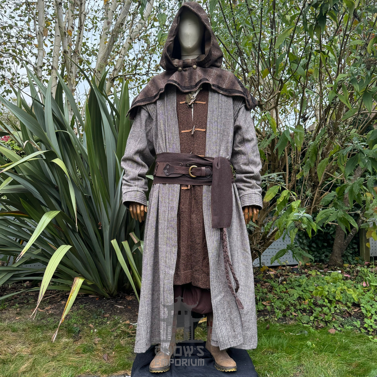 Full-length medieval LARP robe in brown wool blend, fantasy cosplay costume ideal for knights.