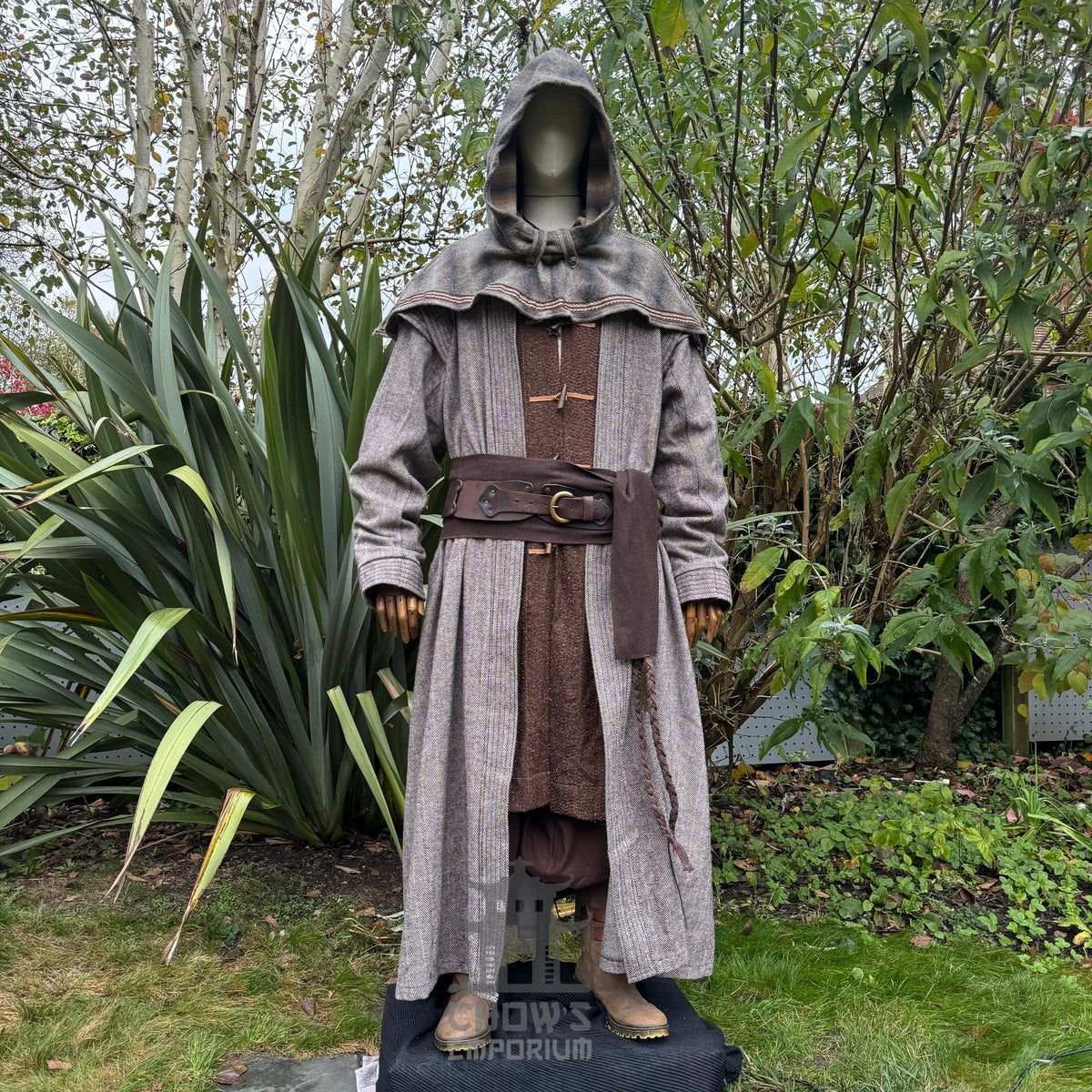 hooded LARP robe, medieval fantasy cosplay costume.