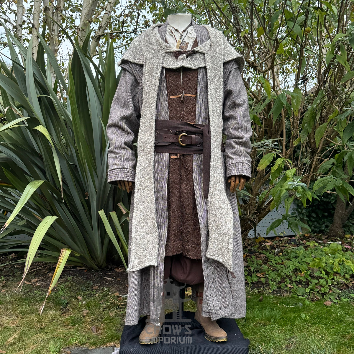 Brown hooded LARP robe, medieval fantasy cosplay costume.