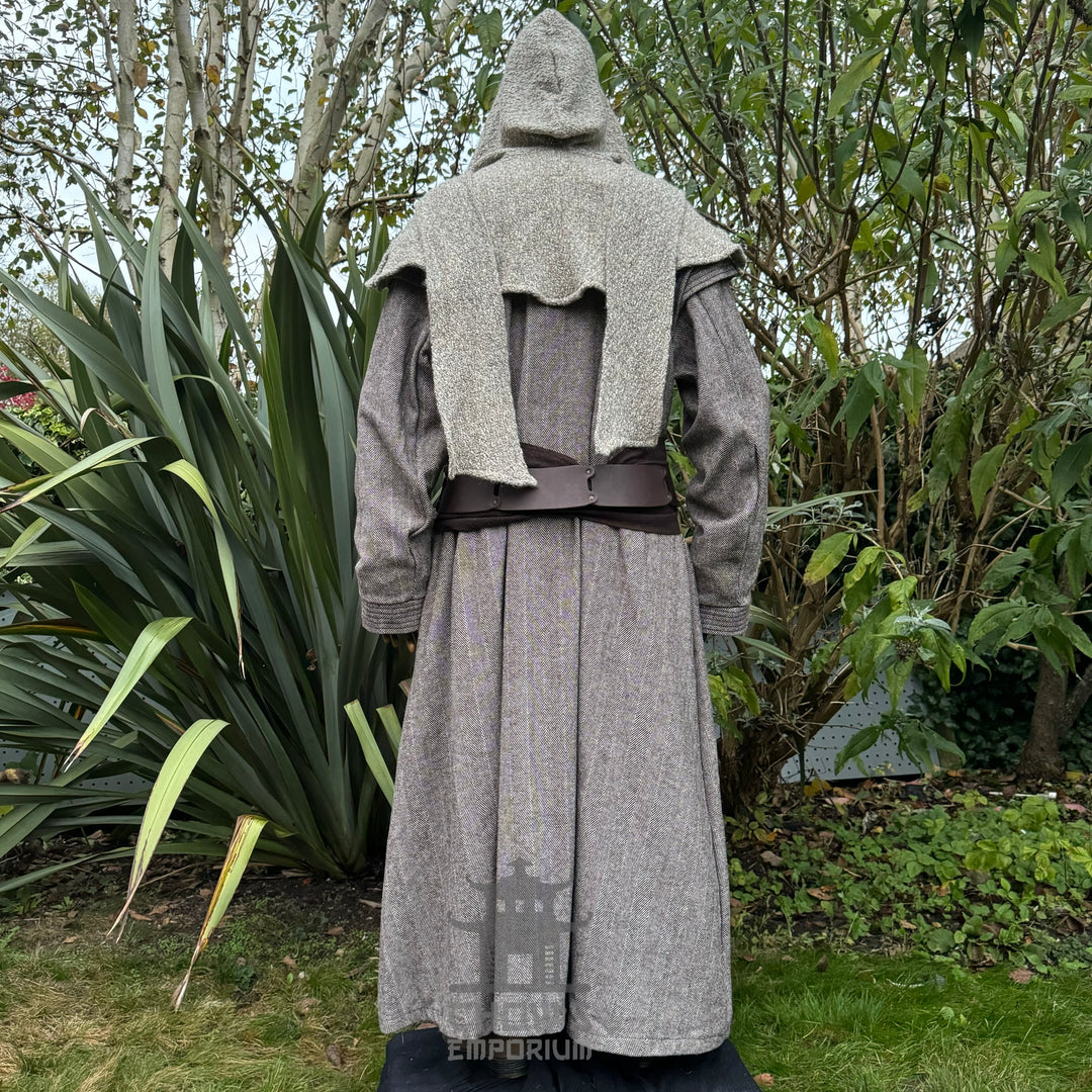 LARP-Outfit für Schurken-Druiden – 7 Teile: Jacke, Kapuze, Armschienen, Tunika, Hose, Gürtel, Schärpe