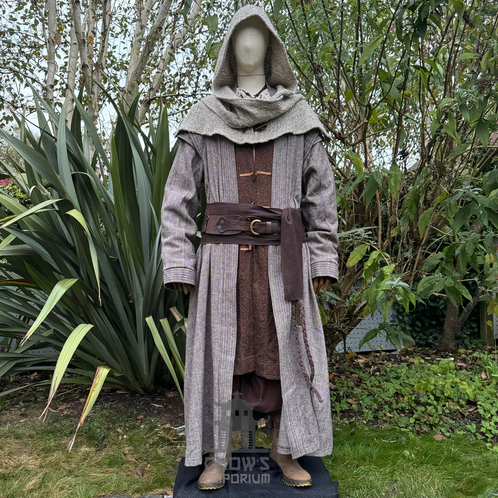 Medieval LARP costume front view, featuring a brown full length robe, two-tone jacket, hood, trousers, belt and sash. For Renaissance Faire and historical roleplay events.