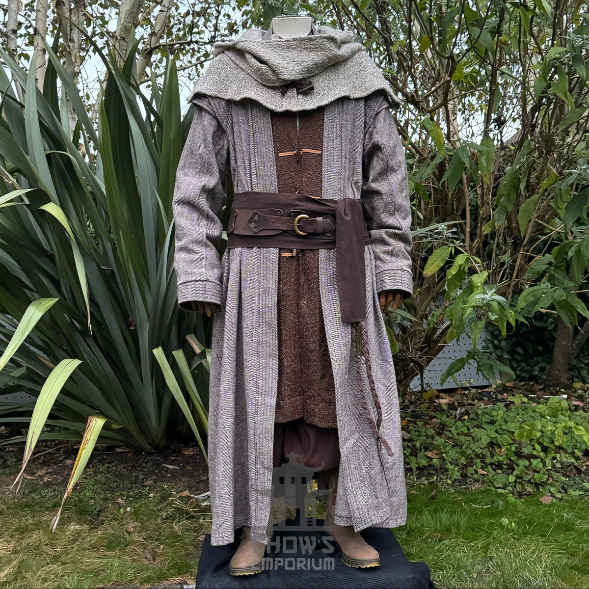 Medieval LARP costume garden view, grey robe, layered with brown tunic and belt.