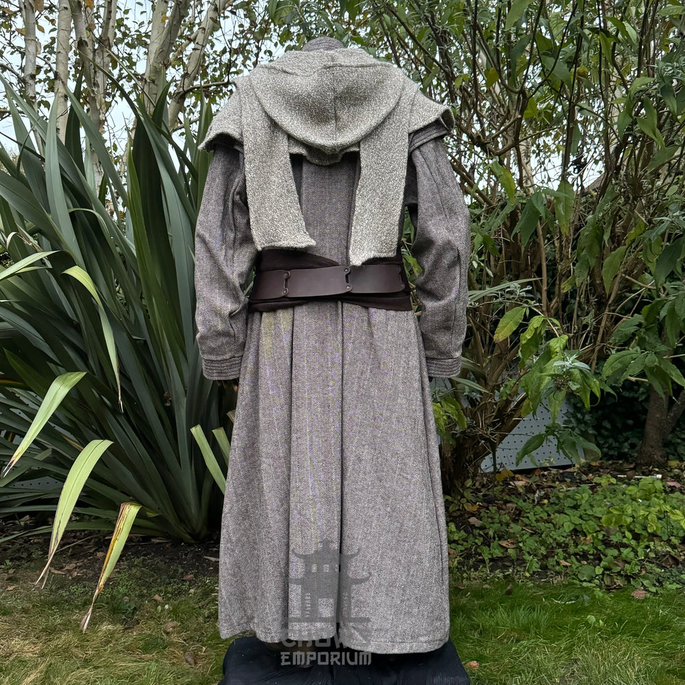 Rear view of grey LARP medieval robe with brown belt.