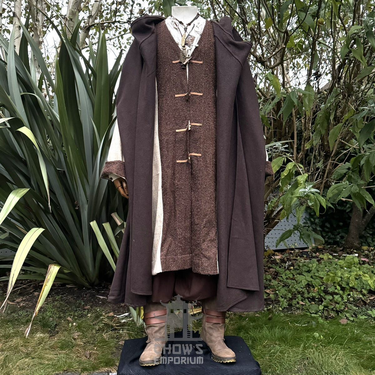 Medieval LARP outfit on mannequin, front view with large brown cloak.