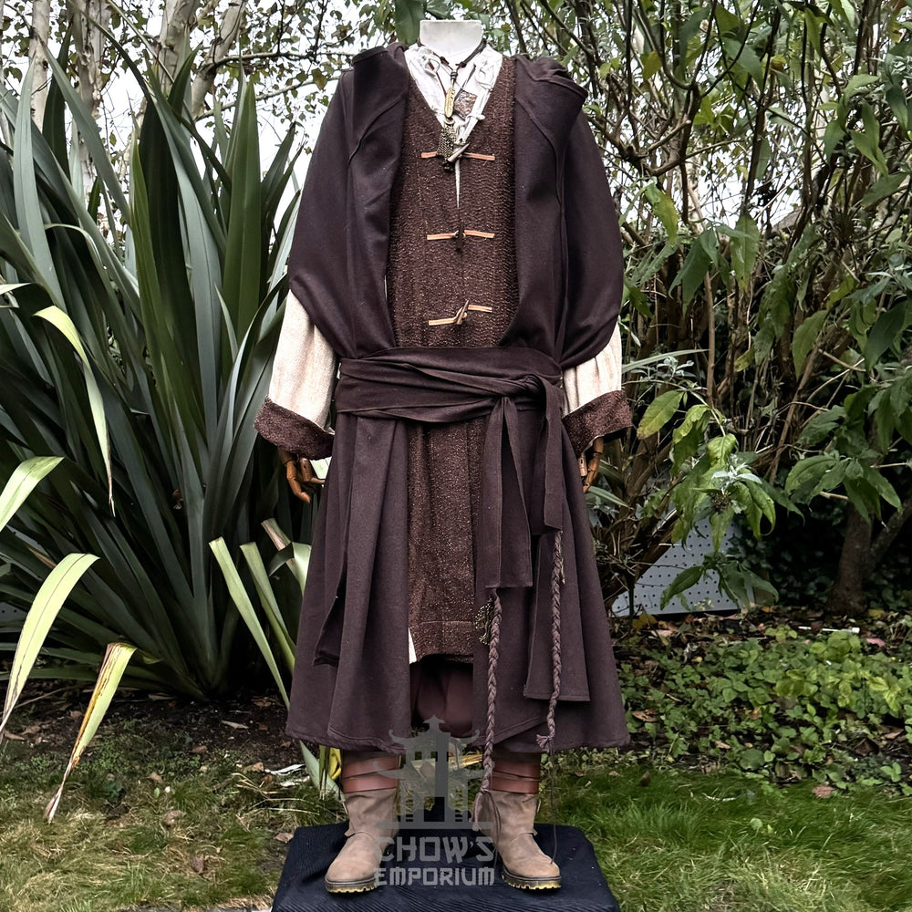 Brown medieval LARP outfit with front sash tie.