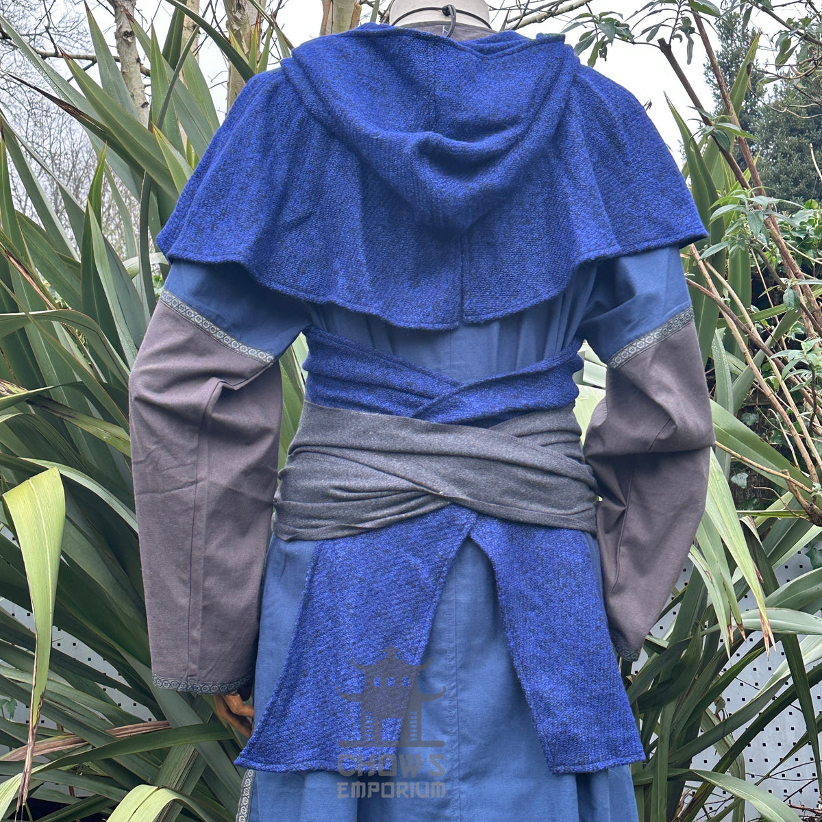 Blue wool scarf hood for medieval LARP, shown from the back.