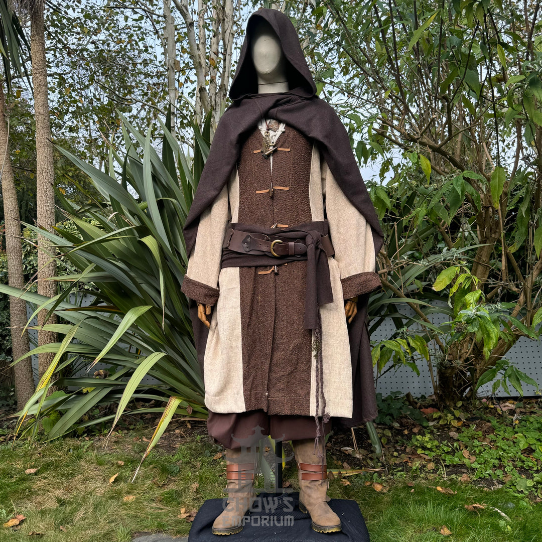 Medieval LARP outfit front view, featuring a brown hooded cloak, two-tone robe, and sash. For Renaissance Faire and historical roleplay events.