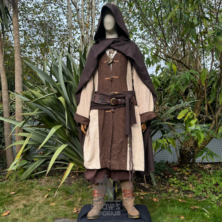 Medieval LARP outfit front view, featuring a brown hooded cloak, two-tone robe, and sash. For Renaissance Faire and historical roleplay events.