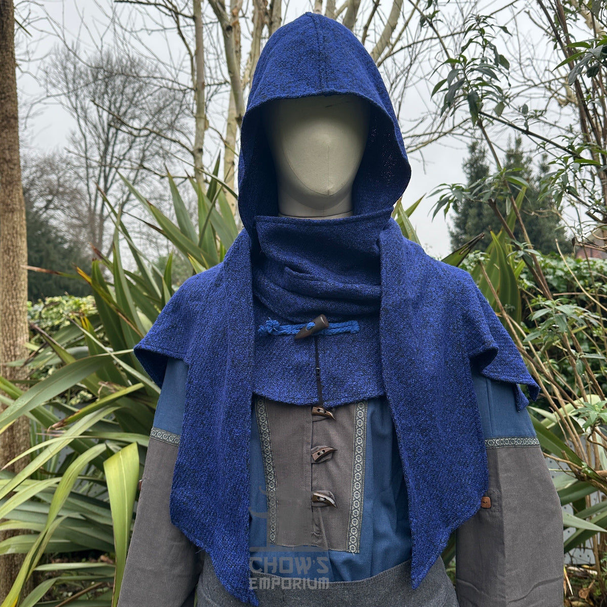 Blue wool scarf hood for LARP, medieval style, front view.