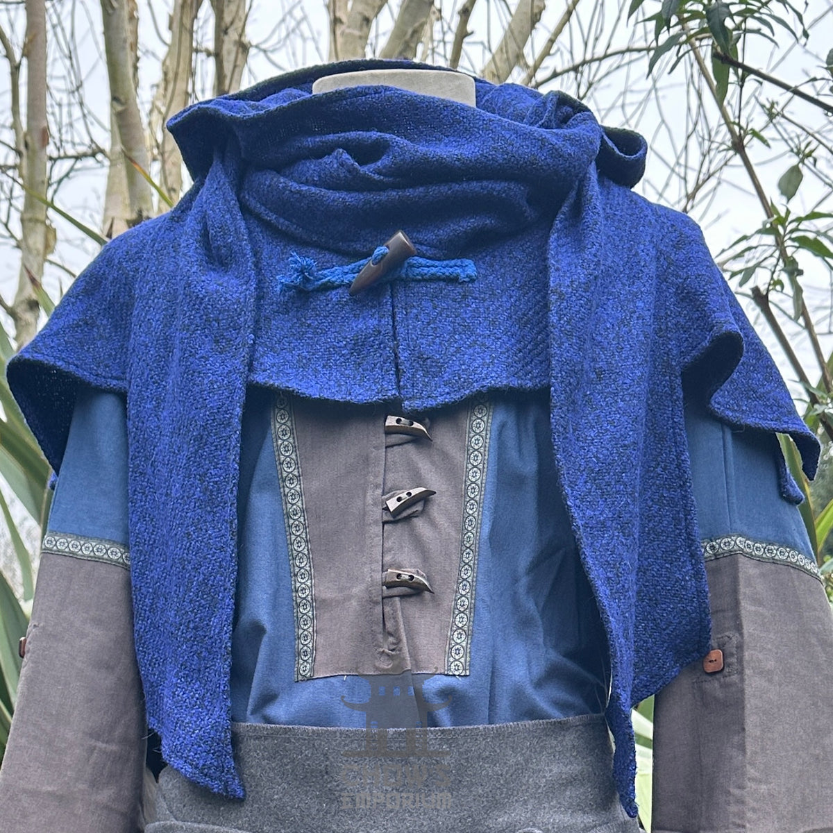 Blue wool scarf hood for medieval LARP, front view, textured fabric.