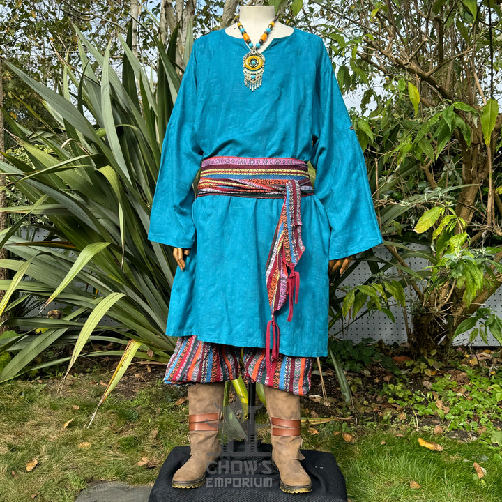 3 piece outfit with blue tunic and multi striped trousers and sash