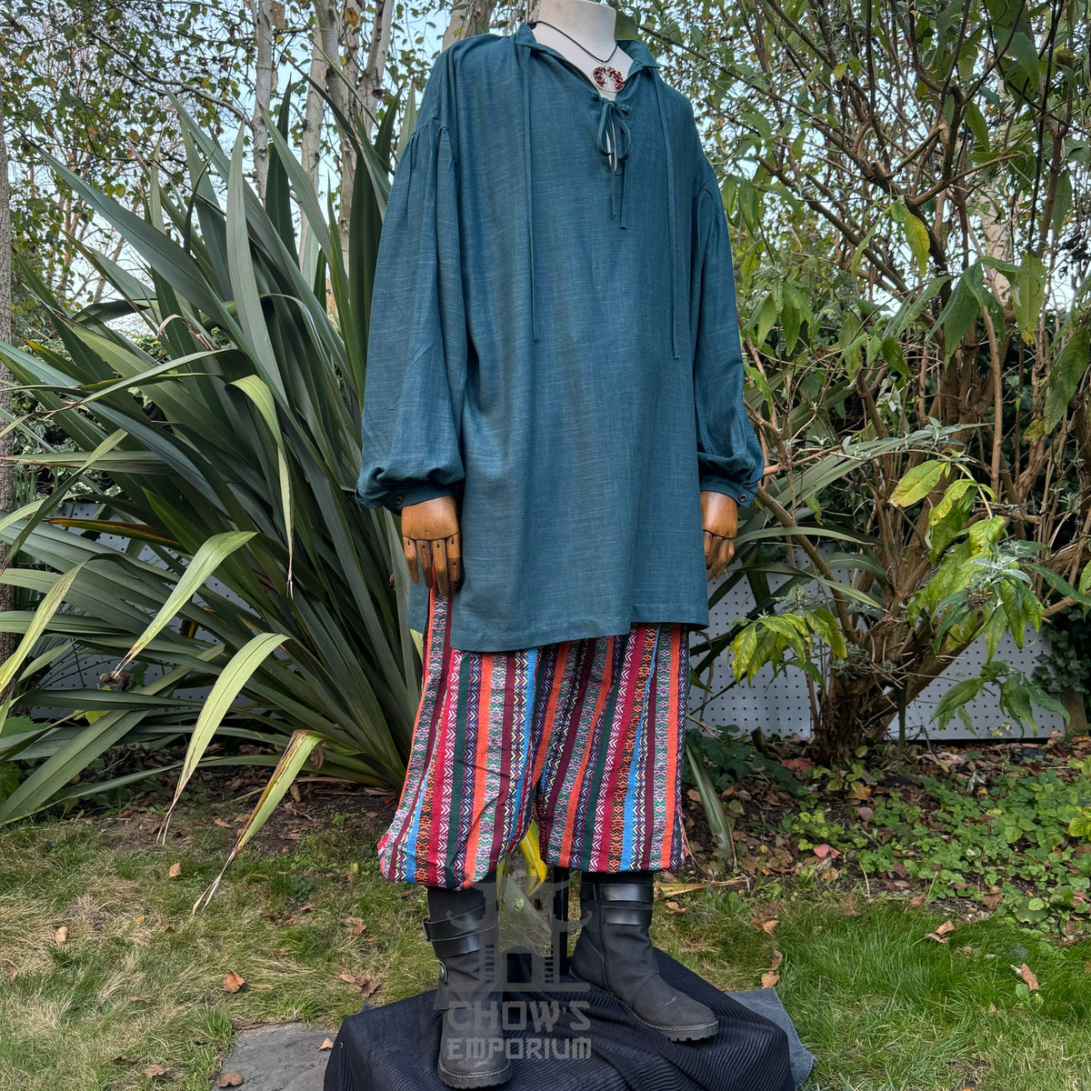 Teal medieval shirt with striped pants and sash for LARP.