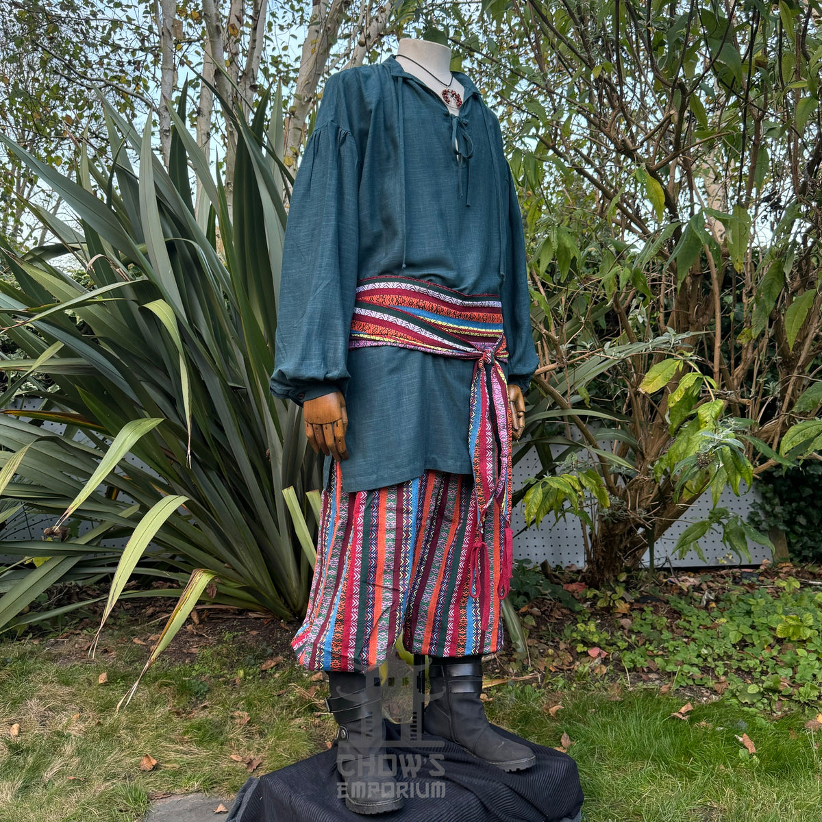 LARP Druid Set with green robe, striped trousers, and colorful sash.