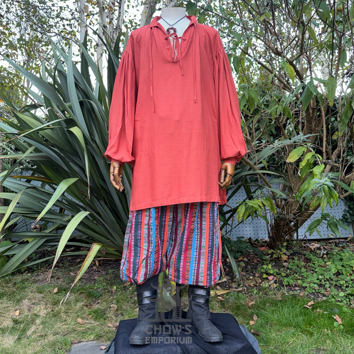 Rust cotton linen medieval shirt for LARP, front view, long sleeves.