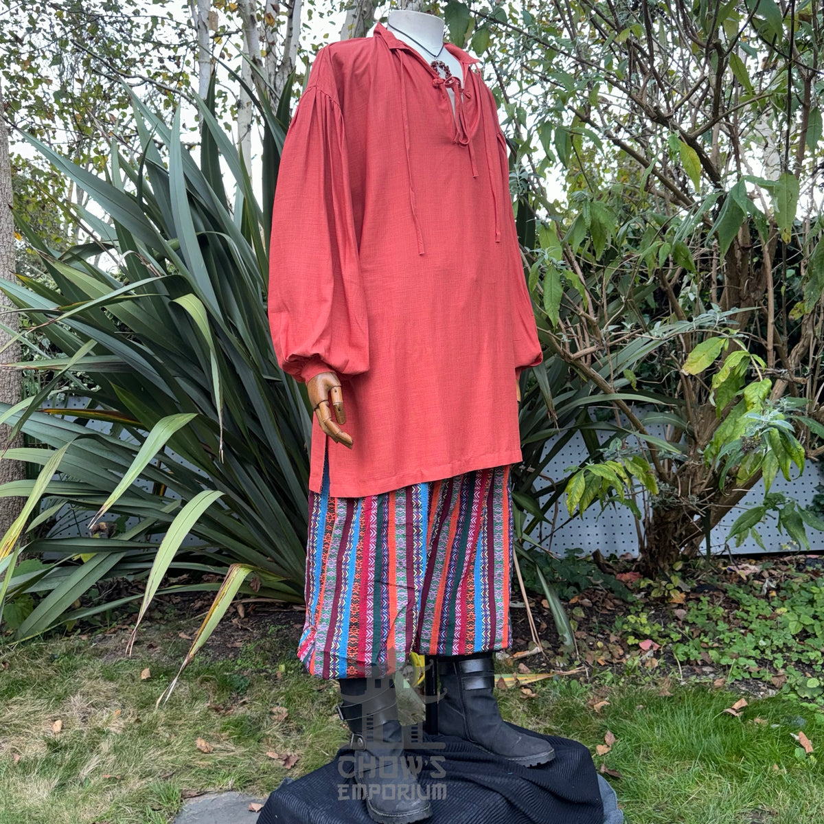 Rust cotton and linen medieval shirt for LARP on mannequin.