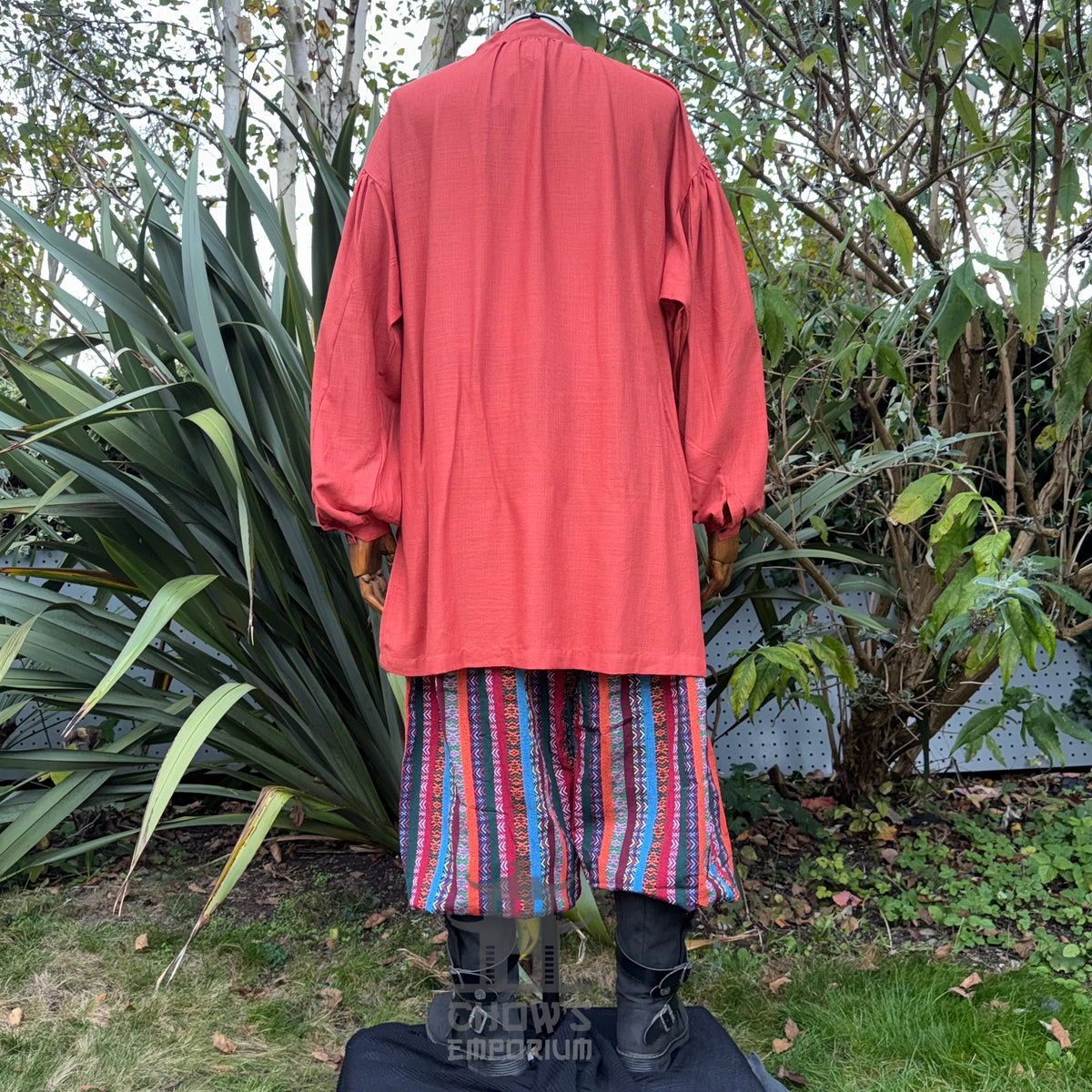 Rust cotton-linen medieval shirt, back view.