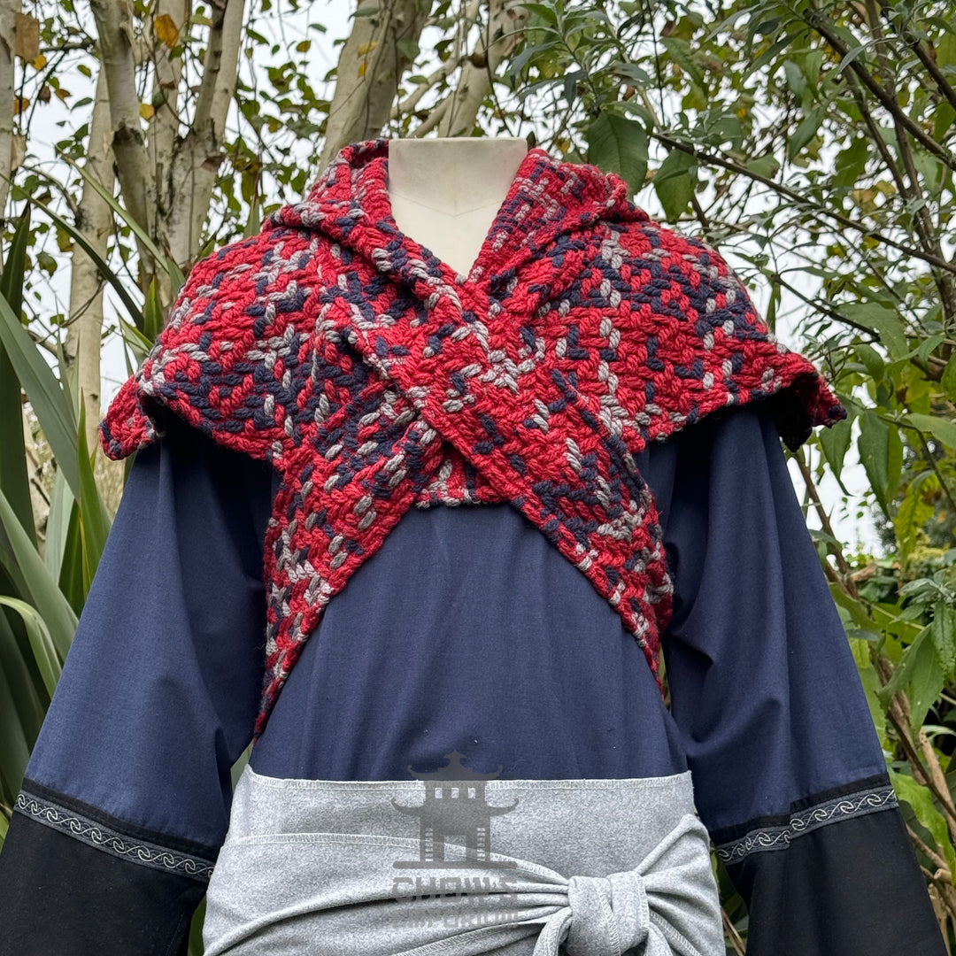 Medieval Scarf Hood, Red Tricolour Wool Wrap Around Hood