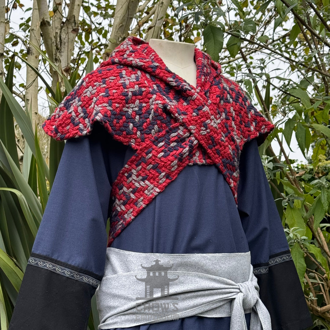 Medieval Scarf Hood, Red Tricolour Wool Wrap Around Hood