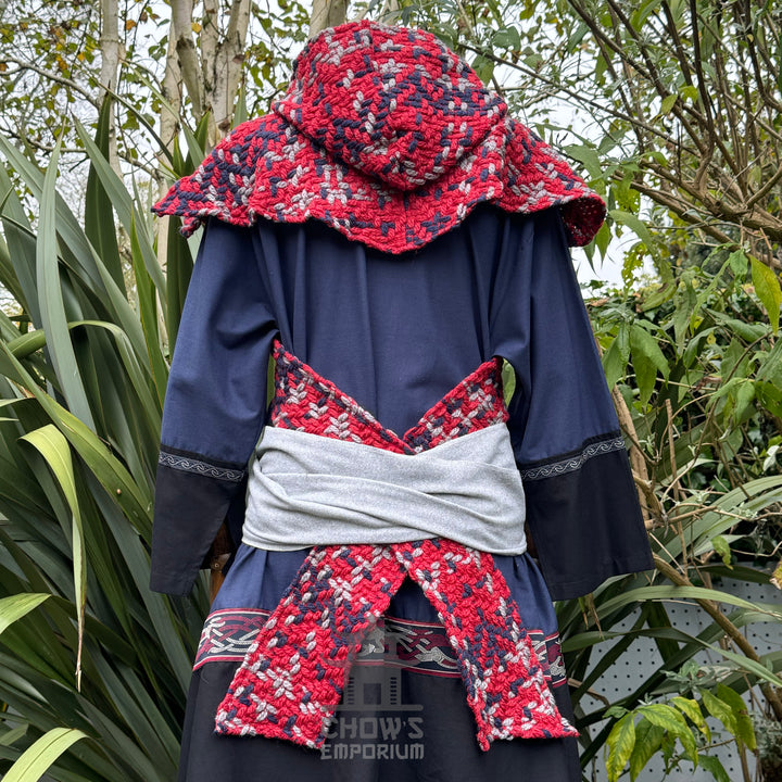 Medieval Scarf Hood, Red Tricolour Wool Wrap Around Hood