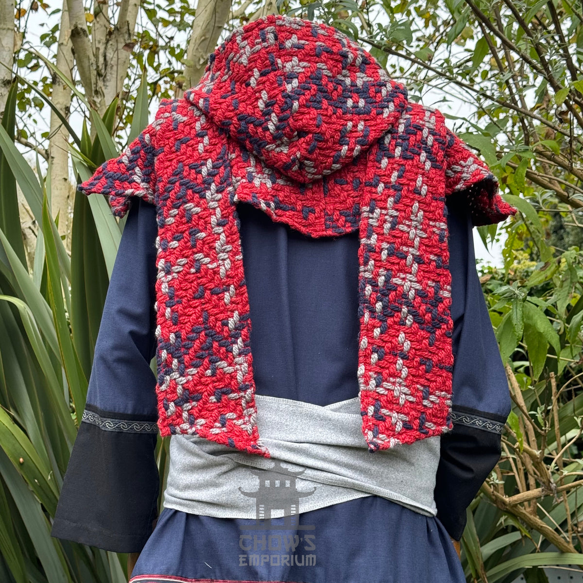 Red tricolour wool scarf hood, back view for LARP.
