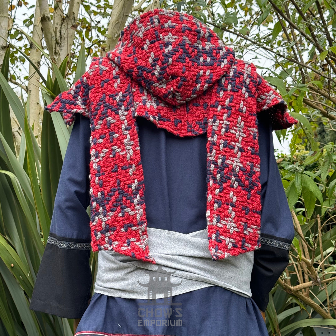 Medieval Scarf Hood, Red Tricolour Wool Wrap Around Hood