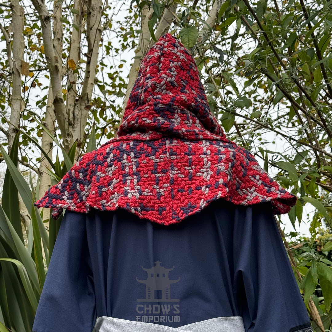 Medieval Scarf Hood, Red Tricolour Wool Wrap Around Hood