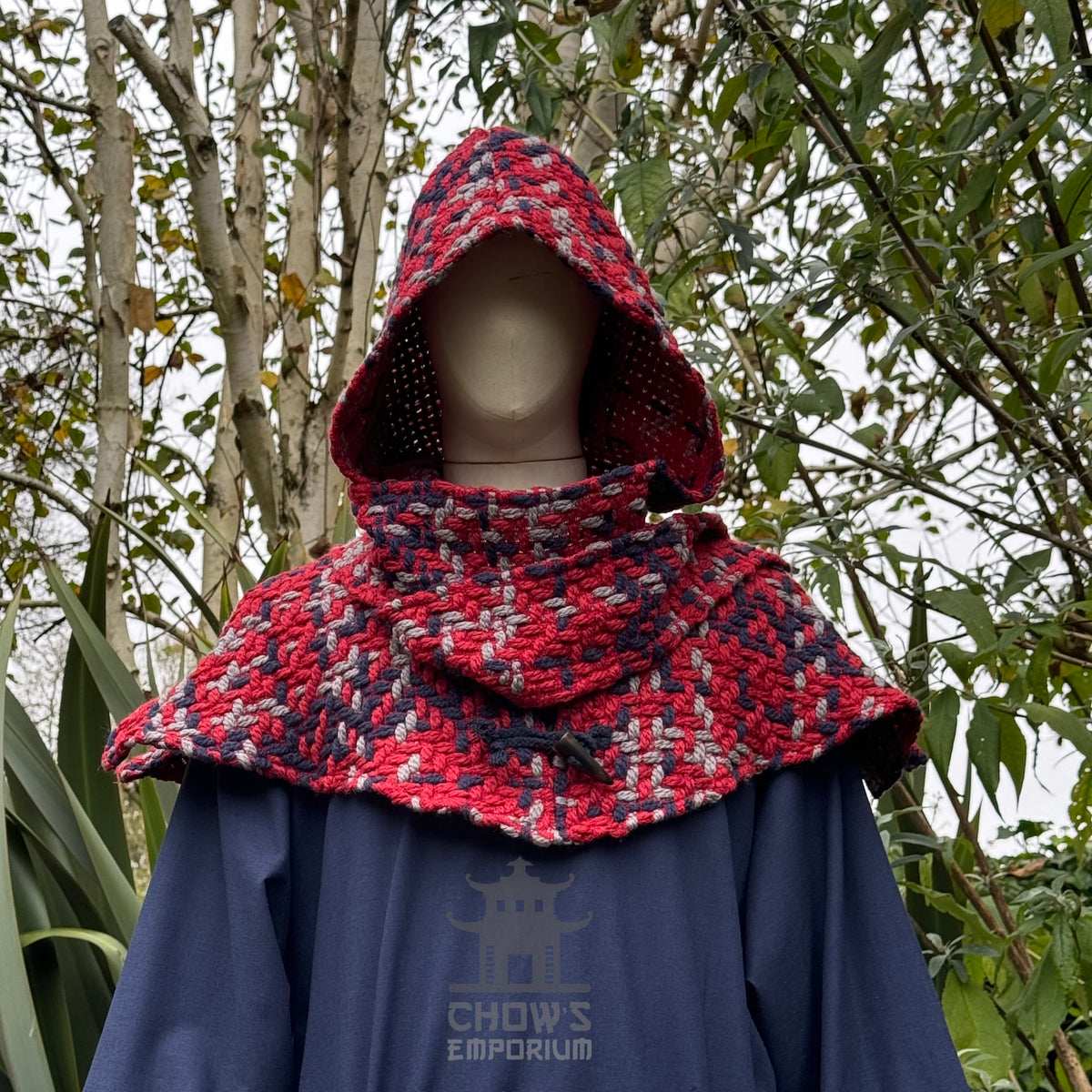 Red tricolour wool scarf hood for medieval LARP, front view.