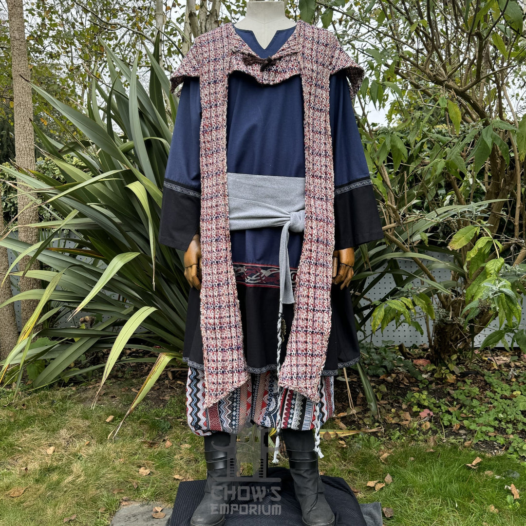LARP Basic Outfit - 4 Pieces Blue & Red (Viking Tunic, Hood, Pants & Sash)