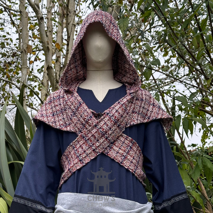 Medieval Scarf Hood, Tricolour Wool Wrap Around Hood