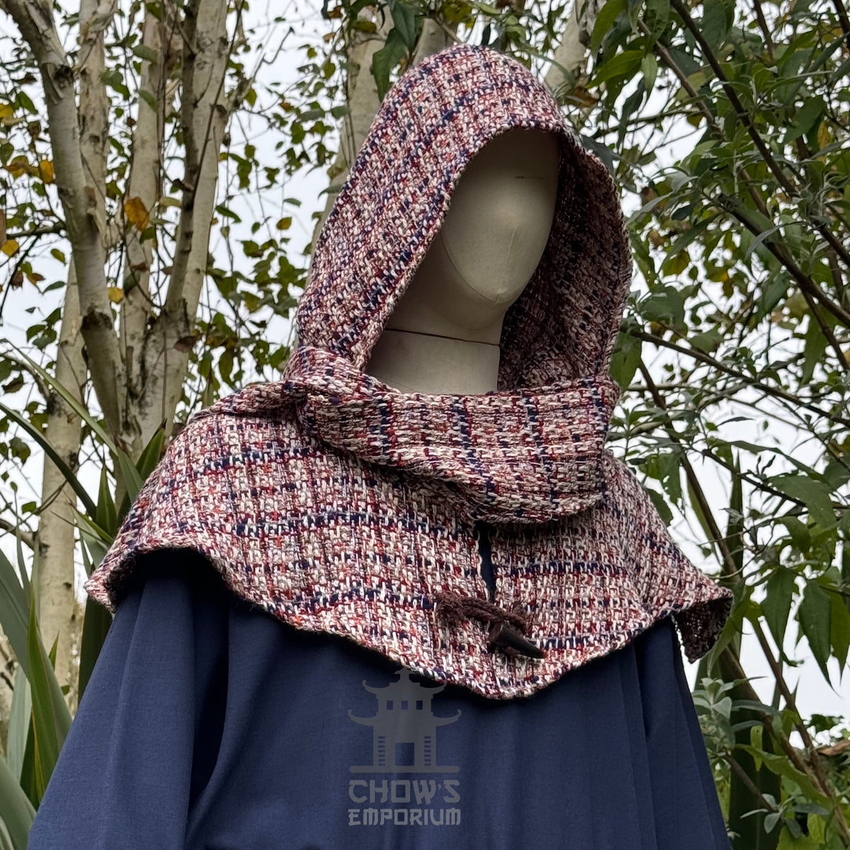 LARP medieval hooded cape, red and blue woven fabric.