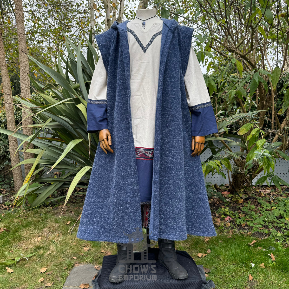 Blue medieval LARP robe set with white tunic and ornate embroidery, front view.